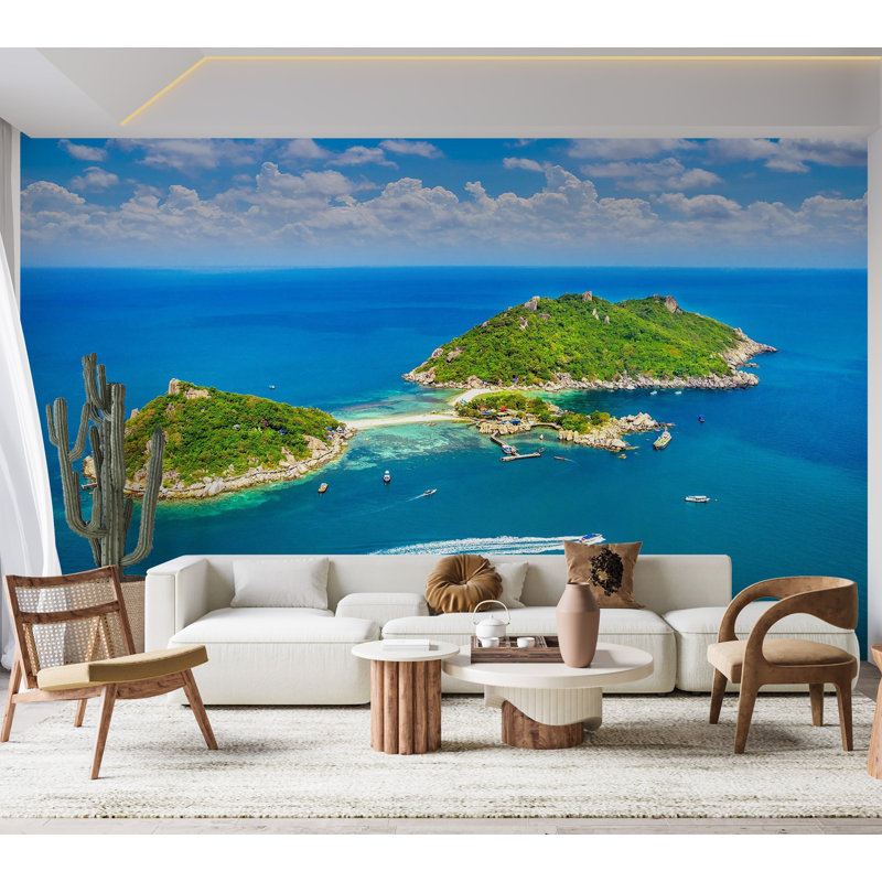 Murale pelez et collez de qualité supérieure - vue aérienne de l'île tropicale, L 120 po x L 96 po