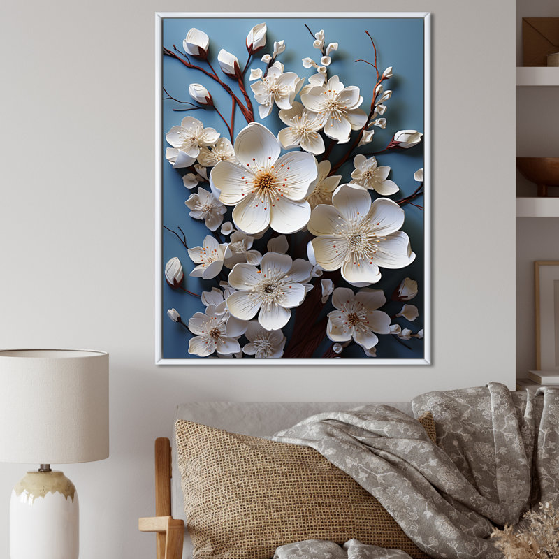 Cornouiller blanc qui fleurit tranquillité II sur toile, Cadre flottant blanc, H 32 po x l 24 po x P 1 po