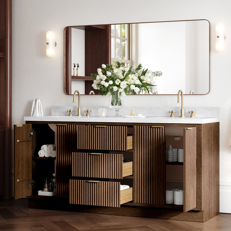 Meuble-lavabo double en bois massif 72 po avec plateau en marbre de Carrare Haun 72 po, Ovale, Chêne brun