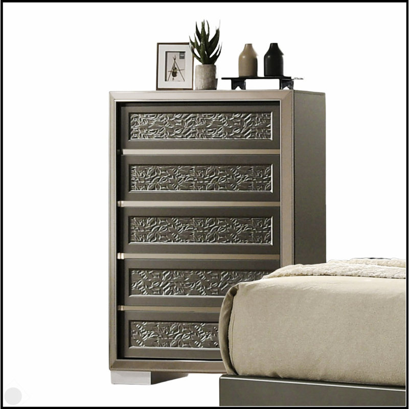 Commode à 5 tiroirs de style contemporain avec tiroirs supérieurs doublés de feutre et finition gris foncé, idéale pour les solutions de rangement modernes.