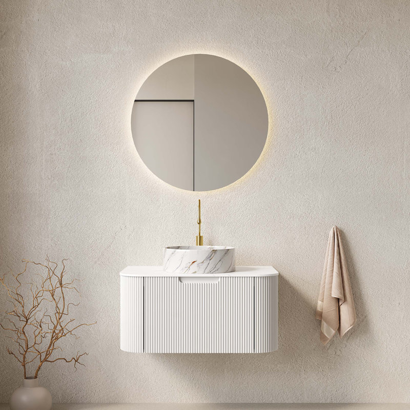 Meuble-lavabo de salle de bain 30 po, meuble de rangement mural rayé à bords arrondis avec tiroir, lavabo rond en céramique avec motif de pierre, pré-assemblé