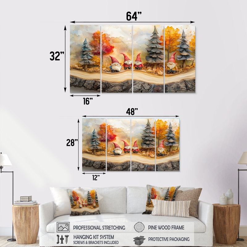 «Autumn Gnomes Family Into The Woods III» - Art mural gnome - Art mural moderne sur toile, H 28 po x l 48 po, 4
