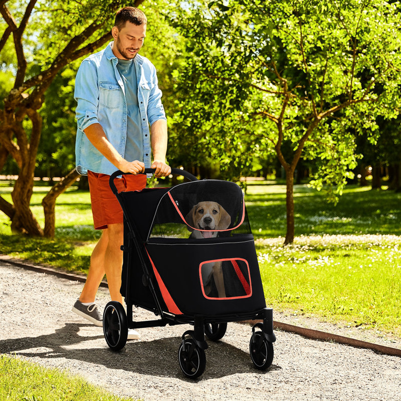 Poussette pour animal de compagnie moyenne pliable en 1 clic, option de rangement, amortisseur de chocs, fenêtre en filet, harnais, équipement de mobilité pour grand chien noir, pliable, compartiment, tour en douceur, laisse,