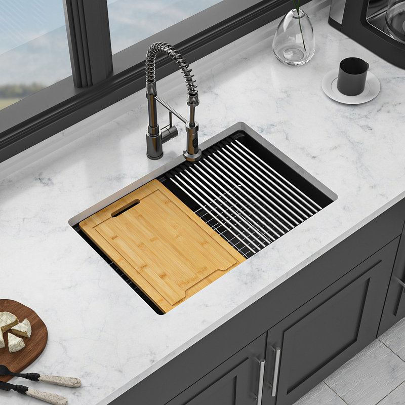 Quartz Kitchen Sink - 28" X 19" Black Granite Composite Workstation Undermount Kitchen Sink, Black