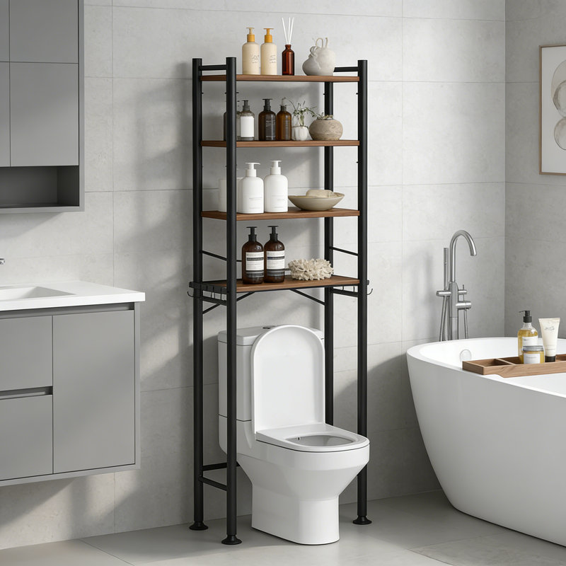 4-Tier Over The Toilet Storage Rack Adjustable Shelf Black Round