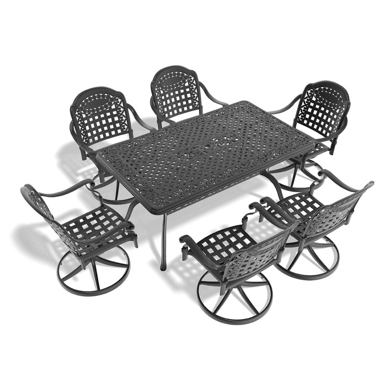Ensemble de salle à manger 7 pièces en fonte d'aluminium toutes saisons, comprenant 6 chaises pivotantes et une table rectangulaire avec cadre noir (même référence: W1710S00354)