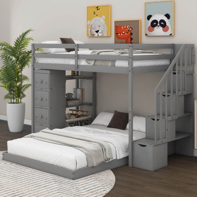 Jaevin Twin Over Full Bunk Bed with 3-layer Shelves, Drawers and Storage Stairs -  Harriet Bee, FD663FBC78D44306B14C4389A0A7B9A9