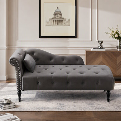 Modern 60.6" Velvet Chaise Lounge Buttons Tufted Nailhead Trimmed Solid Wood Legs With 1 Pillow(Left Arm Design)
