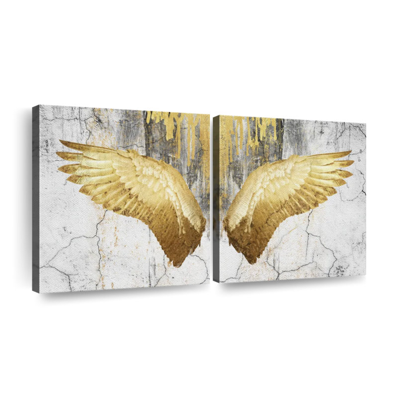 «Decor Elements Dripping Gold Gold Wings on Canvas», reproduction de 2 pièces, H 10 po x l 21 po x P 1 po