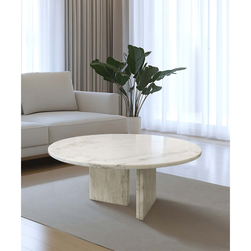 Table basse en marbre véritable de luxe, blanc montagne enneigée, semi-polie, parfaite pour l'élégance et la fonctionnalité du salon