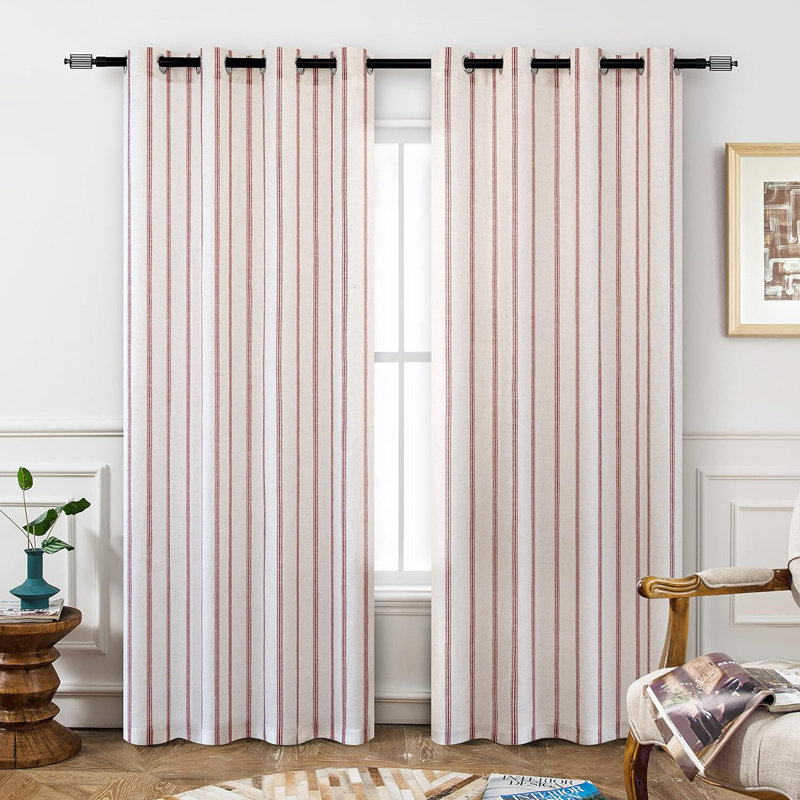 Blackout Curtain Pair, Red Stripe/Light Linen, 52" W x 84" L