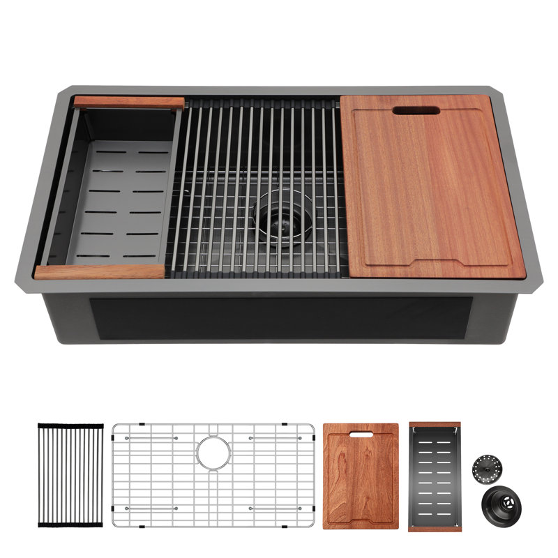 33" Undermount Kitchen Sink - 33 X 19 X 9 Inch Gunmetal Black Single Bowl 16 Gauge Stainless Steel Ledge Workstation Kitchen Sinks