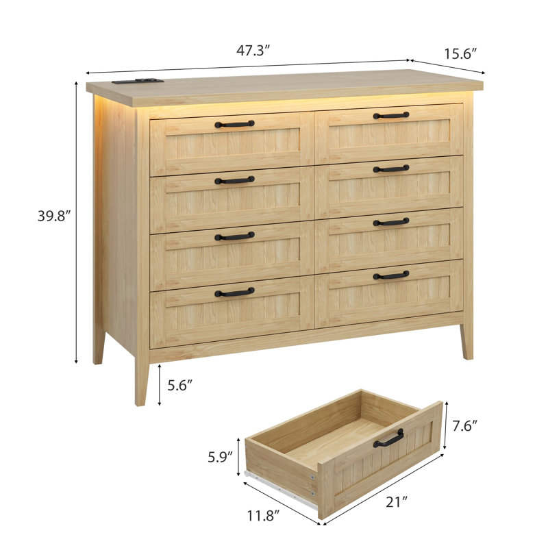 Farmhouse Drawer Dresser with Charging Station & LED Lights, Slim Wooden Bedroom Dresser, Natural/8 draws