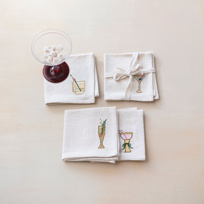 Serviettes de cocktail en coton avec cocktail des Fêtes brodé