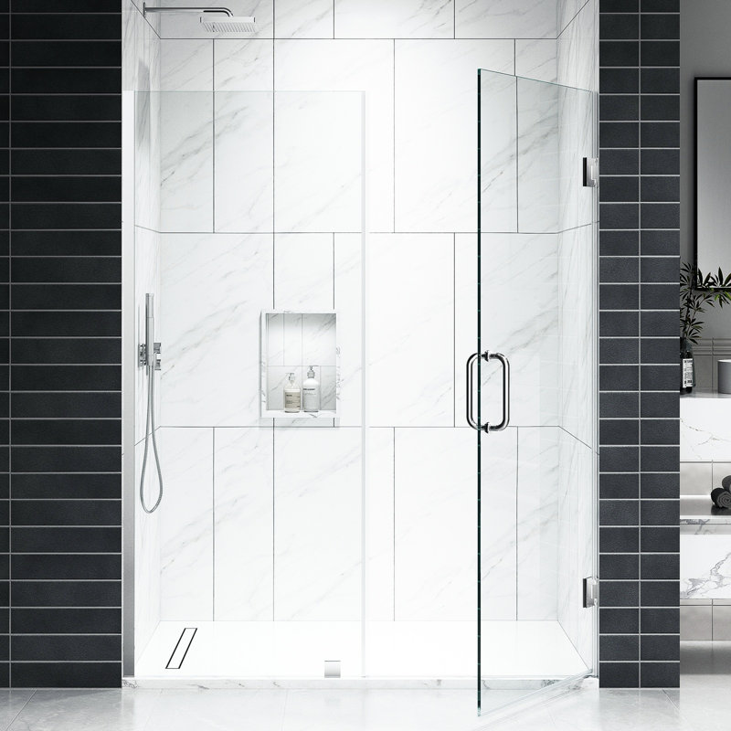 EV Series 55in. - 66in. W x 72in. Frameless Hinged Glass Shower Door | 1 Inches Width Adjustment for Each Size | 3/8 in. Thickness Tempered Clear Glass | Adjustment Uneven Walls