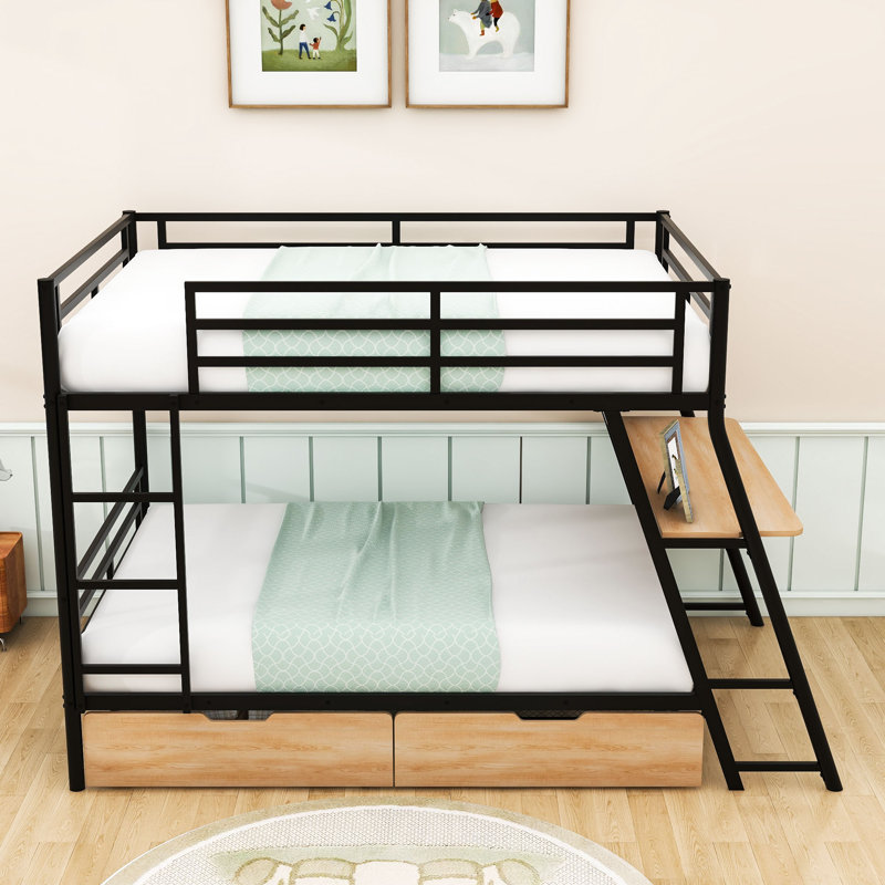 Full Over Full Metal Bunk Bed With Built-In Desk, Storage Drawers, And LED Rail Light