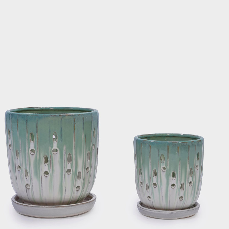 Handmade Green-White Gradient Ceramic Planter Set (7.48"×5.51" & 8.07"×6.1"), Indoor & Outdoor Flower Pots, White/Green