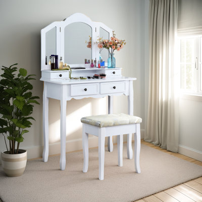 Make Up Vanity Desk And Chair In White - Hand-applied Finish Build Wooden Collection Table Stool With A Classic