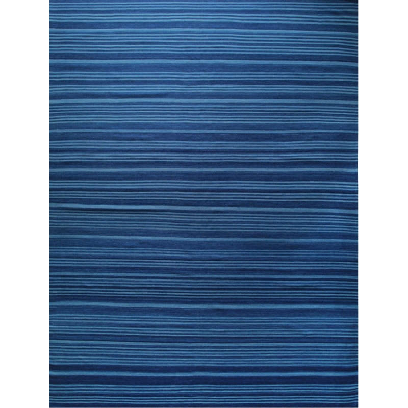 Blue Handwoven Wool Indigo Horizon Stripes Geometric Modern Contemporary Carpet Rug, 9' x 12'