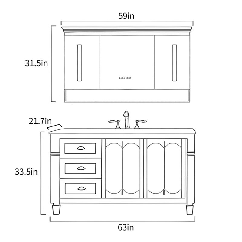 Meuble-lavabo de style rétro américain, H 33,5 po x l 63 po x P 21,7 po, Blanc cassé / blanc