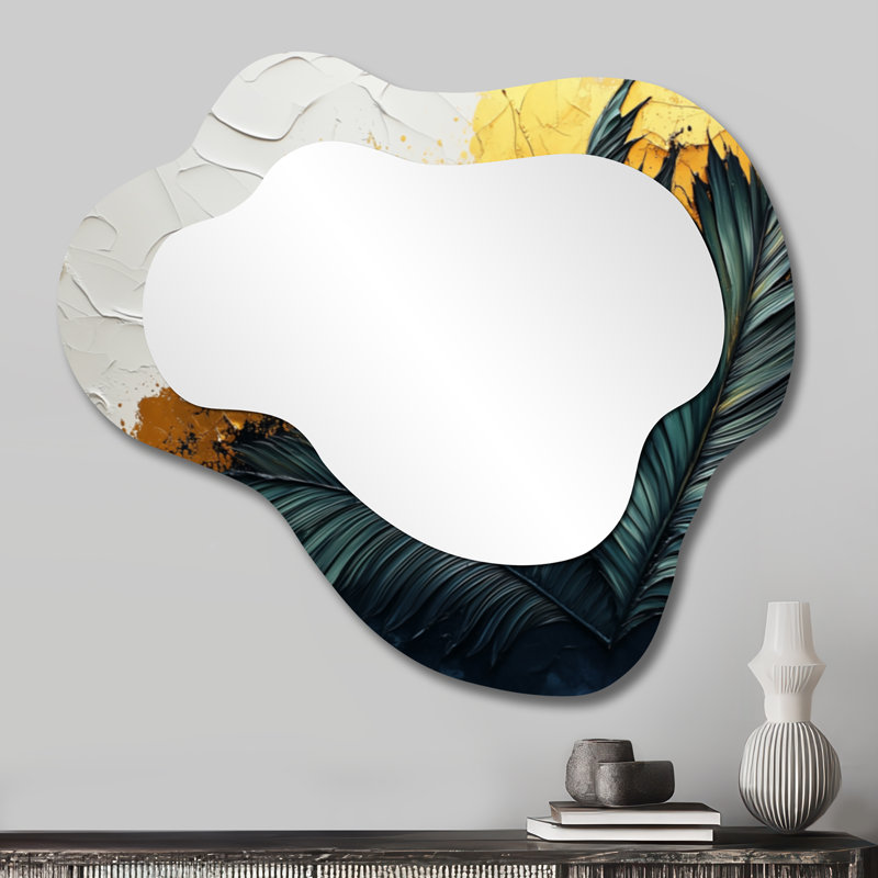 Velours vert et paumes beiges - miroir asymétrique floral irrégulier, miroir mural traditionnel, imprimé sur métal