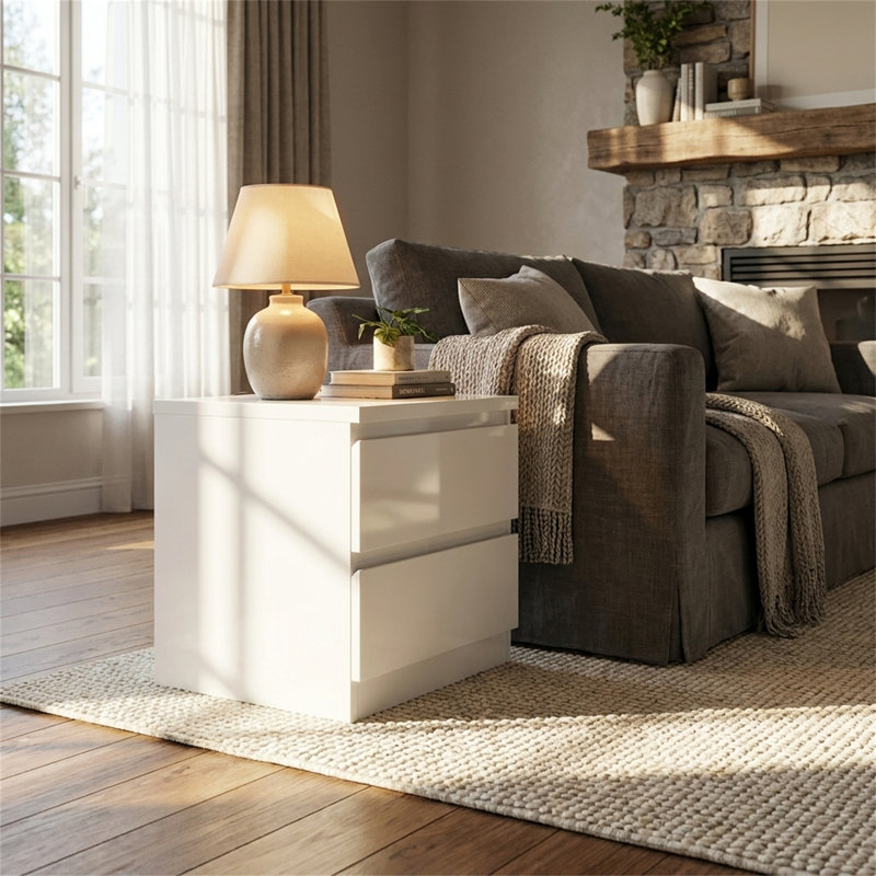 Table de chevet 2 tiroirs, conception sans poignée, petite table d'appoint, avec rangement, blanc, Blanc