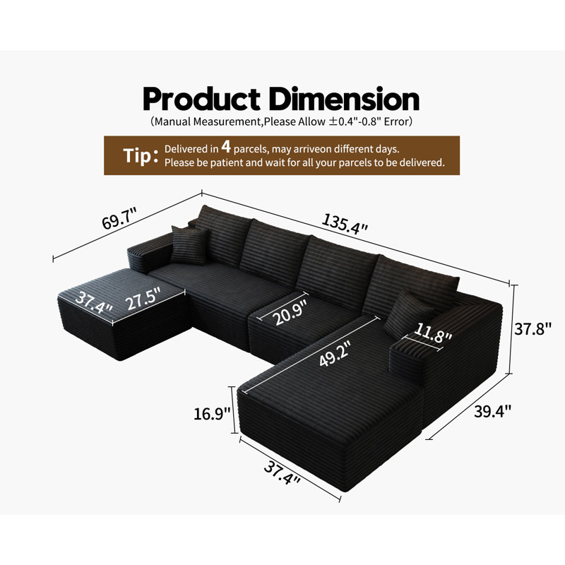 135.4"Cloud Modular Sectional Couch with 1 Ottoman,Modern Minimalist Upholstered Couches, Comfort U Shaped Sofa for Living Room,Deep Seat Corner Couch,No Assembly Required