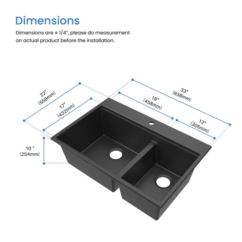 33'' L Drop-In Double Bowl Quartz Composite Kitchen Sink