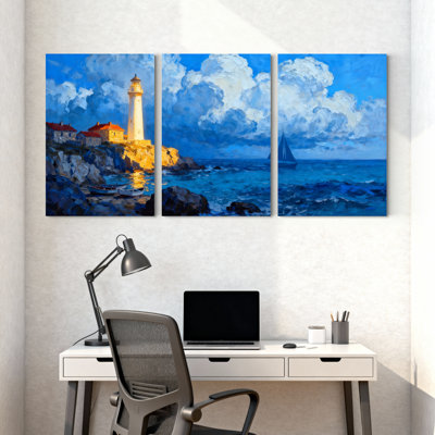 Ensemble de 3 impressions sur toile, "Phare nautique sur une côte rocheuse avec voilier"