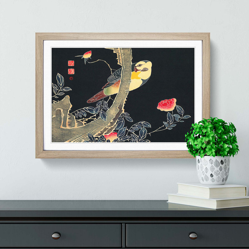 Parrot and Rose Bush by Ito Jakuchu - Framed Print, Oak Framed, 36cm H x 48cm W x 2cm D