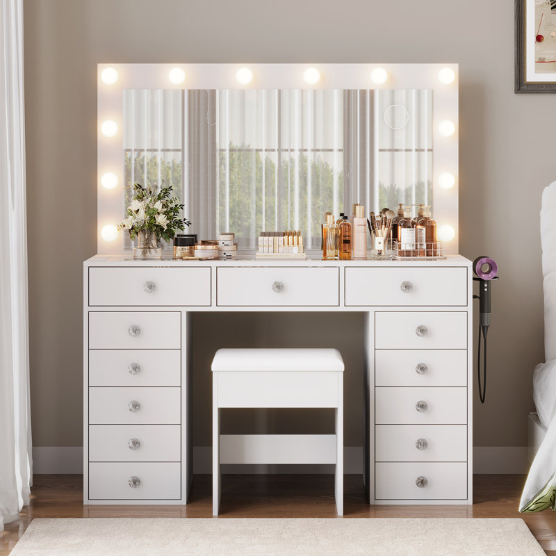 13 Drawers Vanity Desk, Makeup Vanity With Power Outlet, Vanity Table With Mirror And 12 LED Bulbs, 3 Lighting Modes, Glass Top Dressing Table With Chair