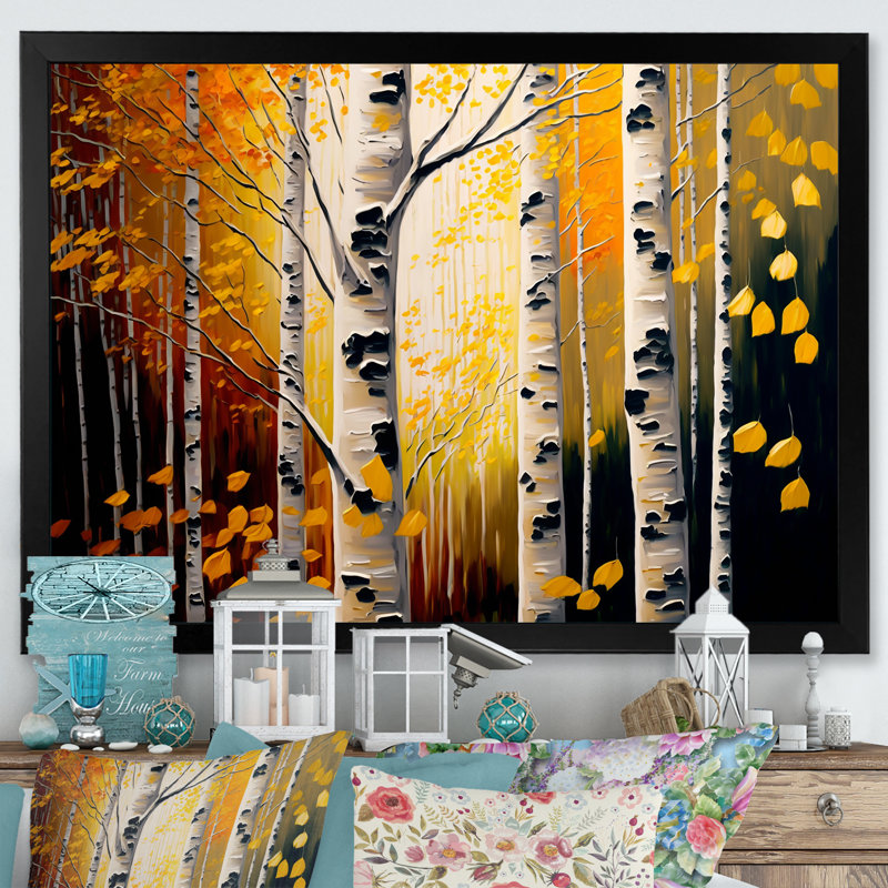 Into A Golden Birch Forest III - paysage, art mural sur toile, L 20 po x H 12 po, Toile avec cadre photo noir