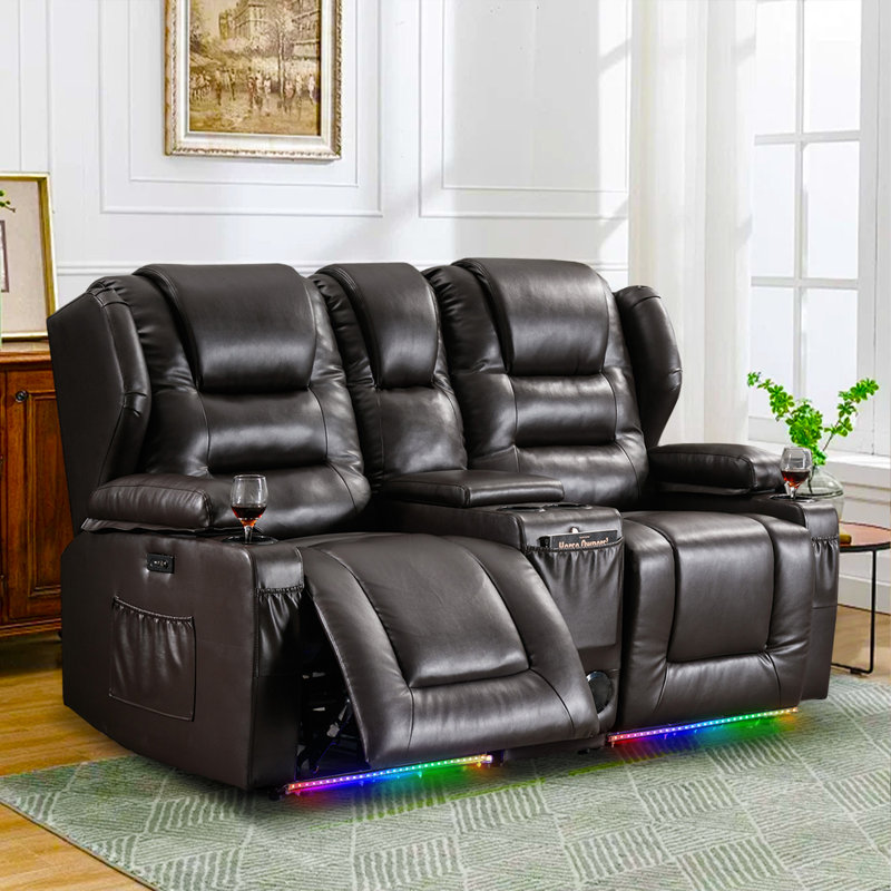 Power Recliner Sofa Home Theater Seating With Led Ambient Lighting, Cup Holders, Side Pockets, Dark Brown