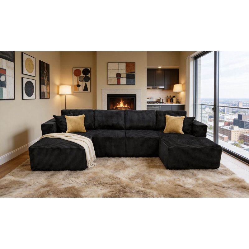 Boneless Flintwood Sectional, Black Corduroy