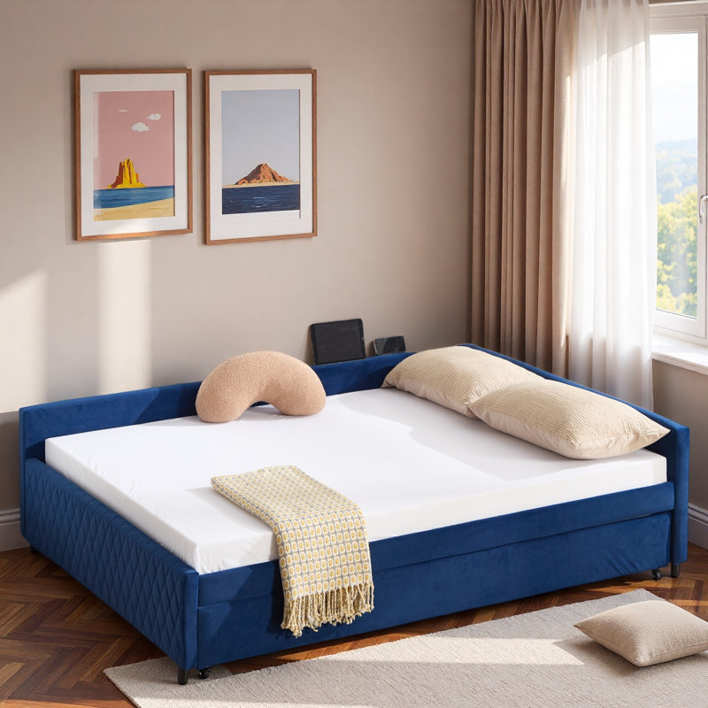 Upholstered Daybed With Trundle And Usb, Navy