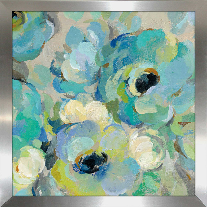 «Fresh Teal Flowers III», reproduction de peinture acrylique, H 21,5 po x l 21,5 po x P 0,75 po, Encadrement argenté