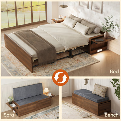 Murphy Bed with Nightstands Included, Sofa and Storage Bench Murphy Bed, 3-in-1 Convertible Bed Frame with Charging Port and Nightlight