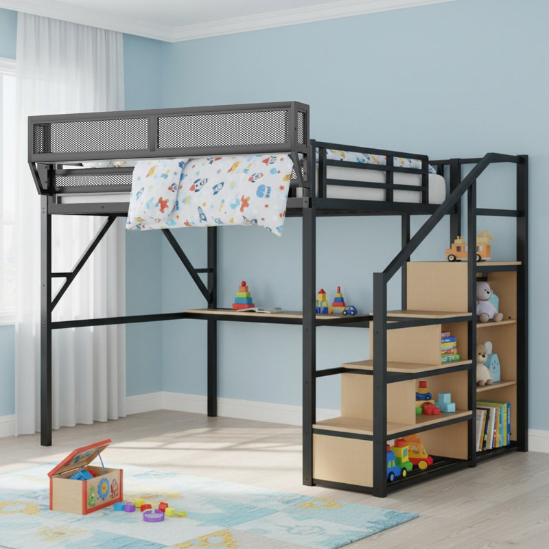 Queen Loft Bed with Desk and Charging Station, Queen Size Metal Loft Bed with Stairs and Light for Kids Teens, Black, Queen