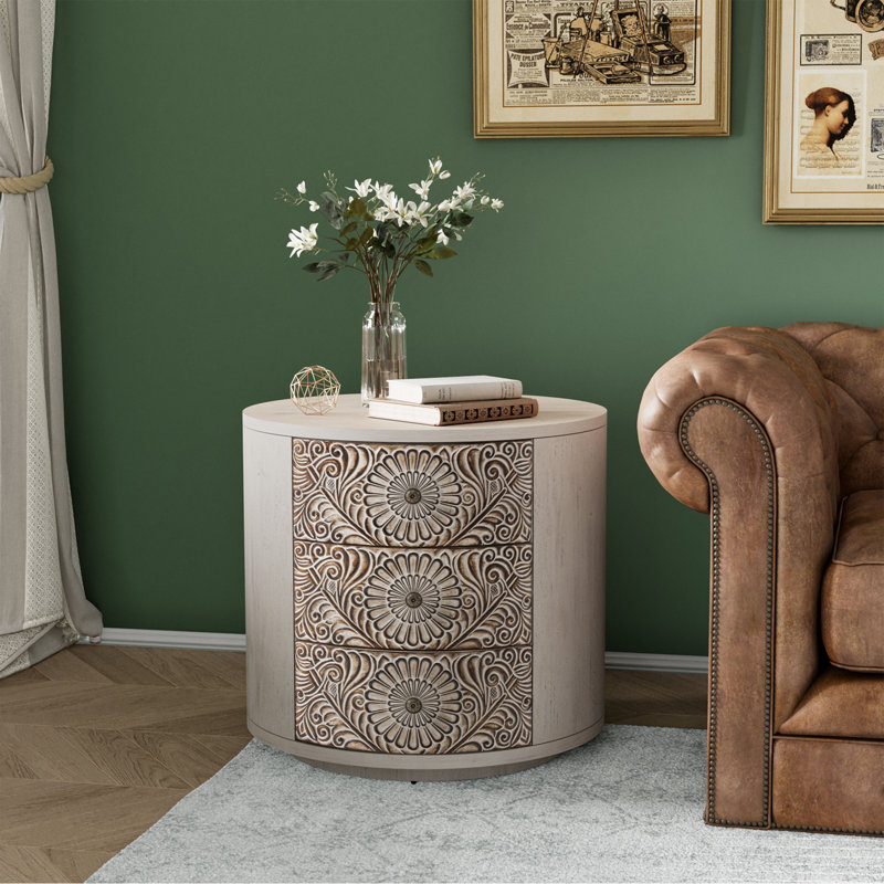 20“ Carved Wooden Round Nightstand with Three Drawers, Individual