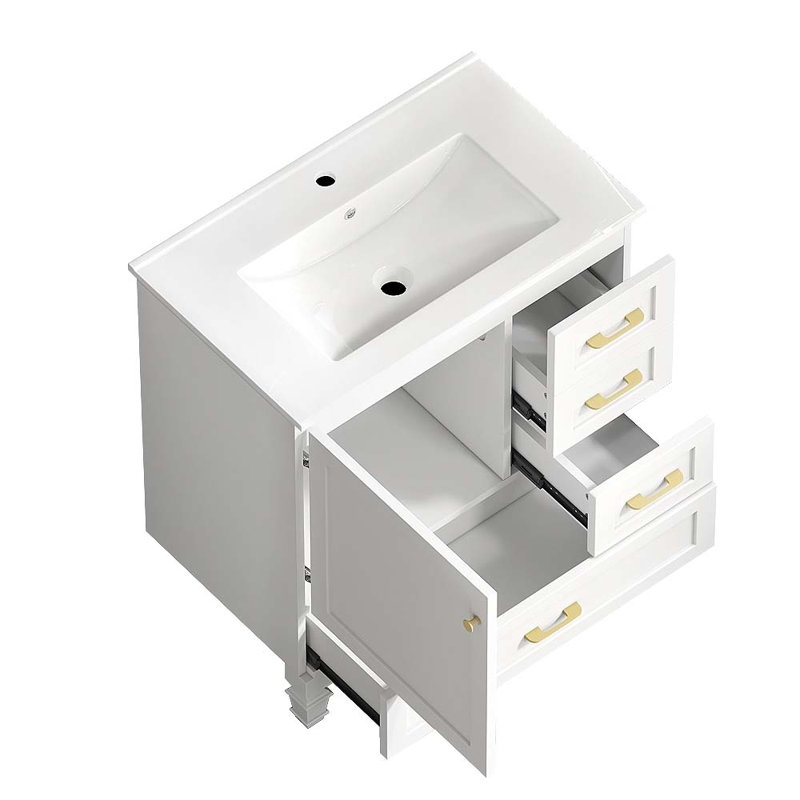 Meuble-lavabo de salle de bain avec 1 porte à fermeture douce et 3 tiroirs, armoire en panneau de fibres à densité moyenne durable pour une solution de rangement élégante