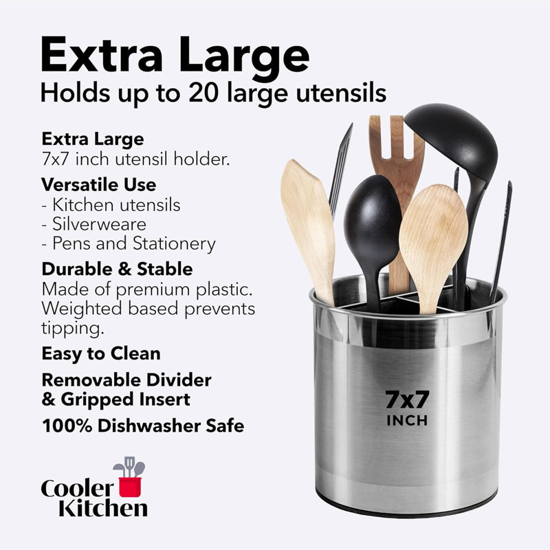 Rotating Extra Large Stainless Steel Utensil Holder (with Weighted Base, Removable Divider, Gripped Insert, Dishwasher Safe)