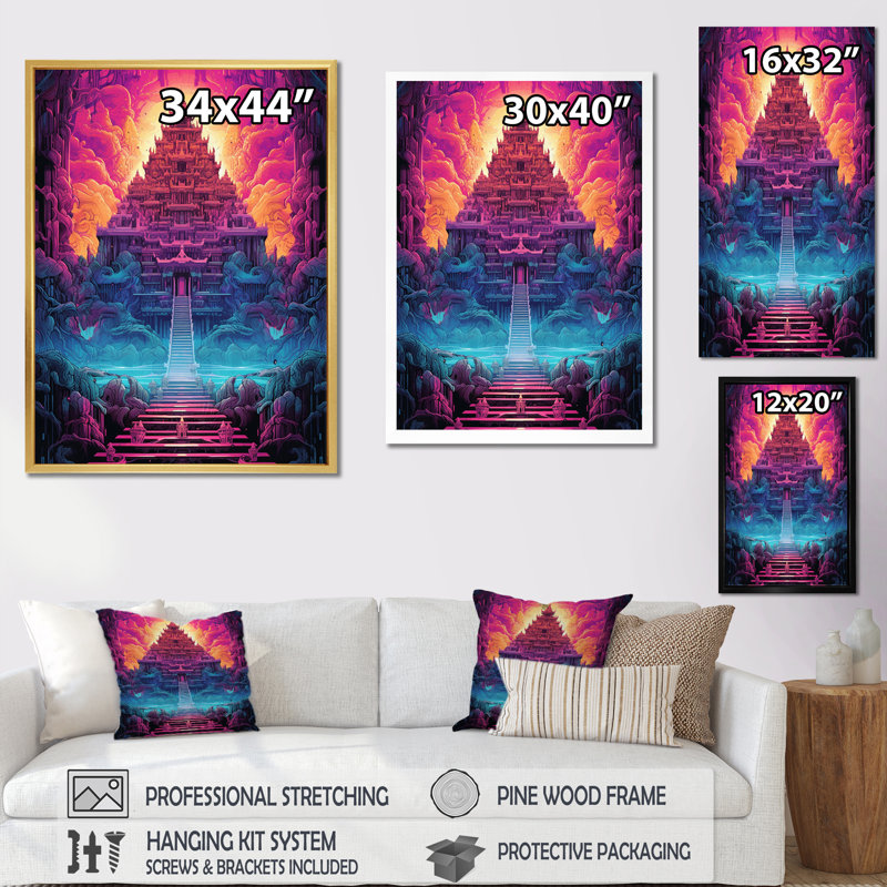 Temple bouddhiste thaïlandais, paysage de rêve spirituel sur toile, Cadre simple argenté, H 40 po x l 30 po x P 1,5 po