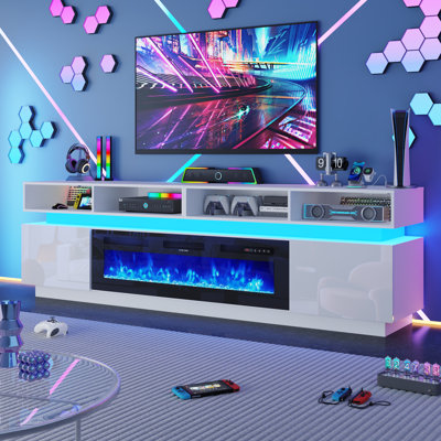 Meuble télé 93 po pour foyer à haute brillance avec lumières DEL et prises de courant, centre de divertissement avec foyer encastré de 50 po, pour téléviseur de 100 po ou moins, console média de jeu pour le salon