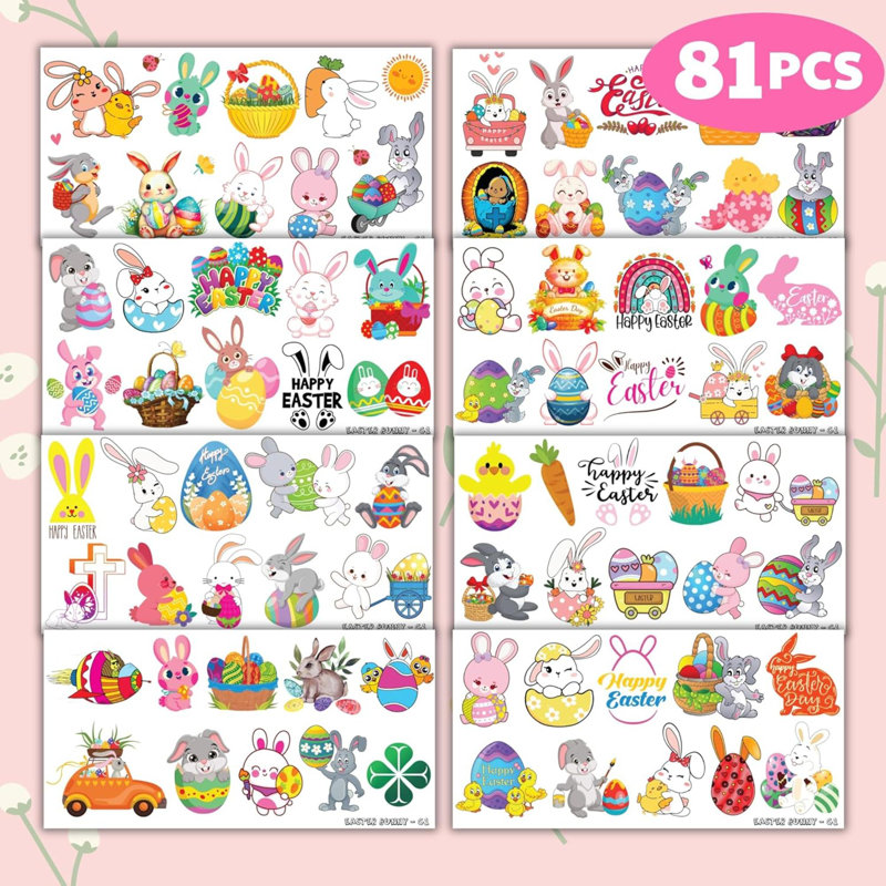 Easter Temporary Tattoos - Bunny 80PCS Easter Rabbit Basket, Religious Themed Stickers For Kids Birthday Party Supplies Decorations Favours And Prizes - Cute Gifts For Ideal School