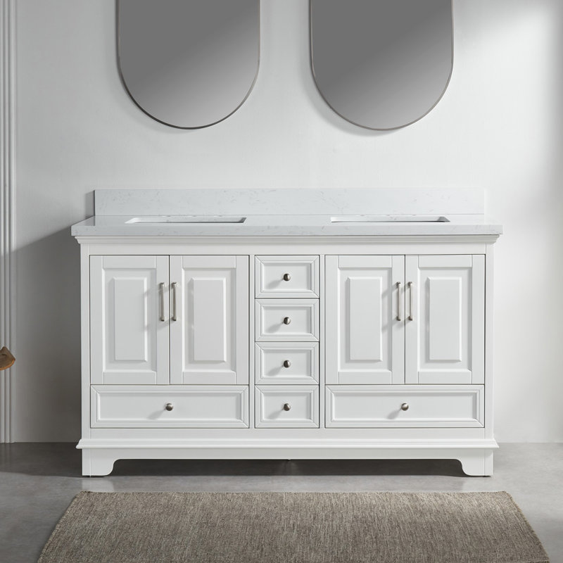Meuble-lavabo double autoportant de 60 po avec pierre artificielle entièrement assemblé