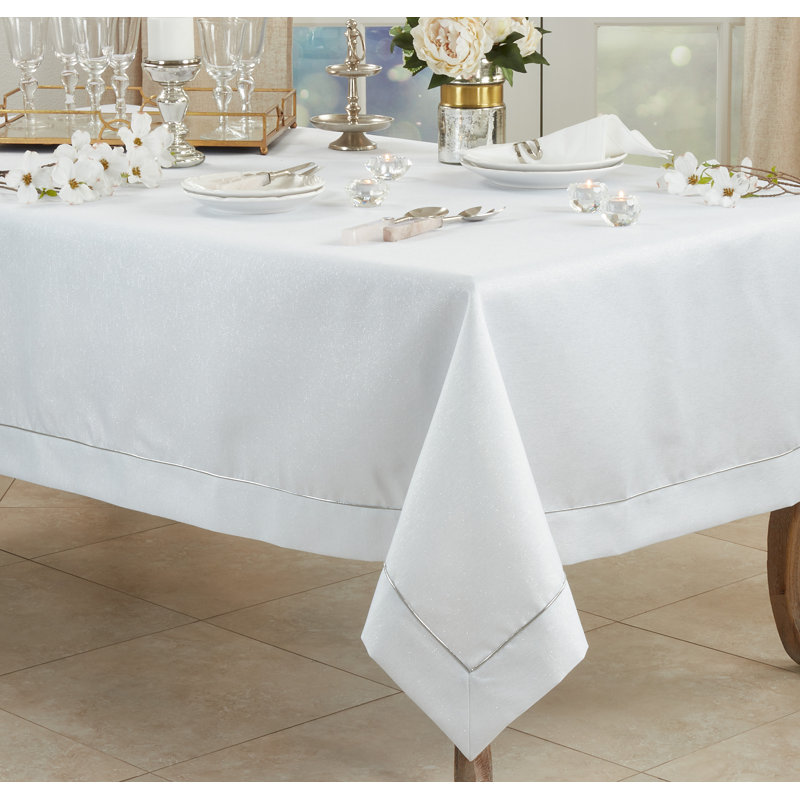 Bourget Collection Shimmering Tablecloth with Piping Detail, White, 65" W x 104" L