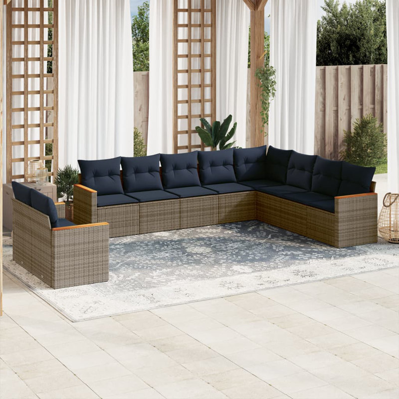 Latitude Run® 10 Piece Patio Sofa Set With Cushions Black Poly Rattan, Navy Blue Cushion/ Gray Frame