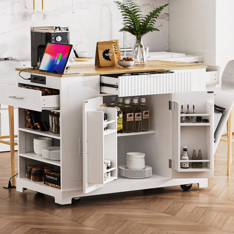 Fluted Kitchen Island With Trash Can Storage Cabinet, Power Outlet, Internal Storage Rack, Rolling Kitchen Islands On 5 Wheels With 3 Drawer, 3 Open Side Racks For 10 Gallon Garbage Bin, White