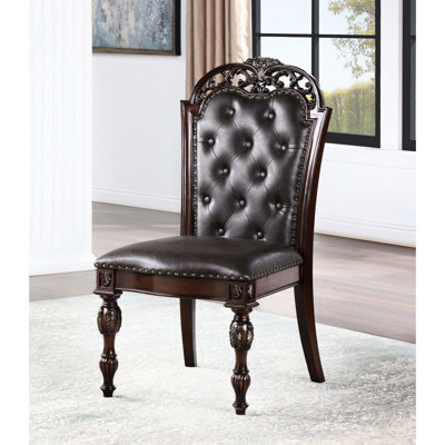 2Pc Traditional Brown Cherry Side Chairs, Solid Wood, , Luxury Dining Chair Of 2 Base, Button Armrest