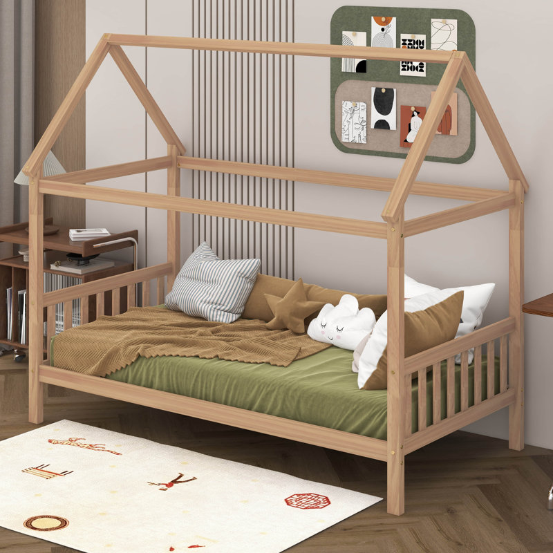 Lit simple avec toit, lit en bois massif avec tête et pied de lit, Chêne blanc